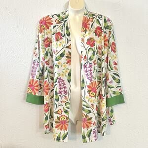 Bob Mackie Wearable Art Folk Floral Print Green Open Cardigan Kimono Jacket M